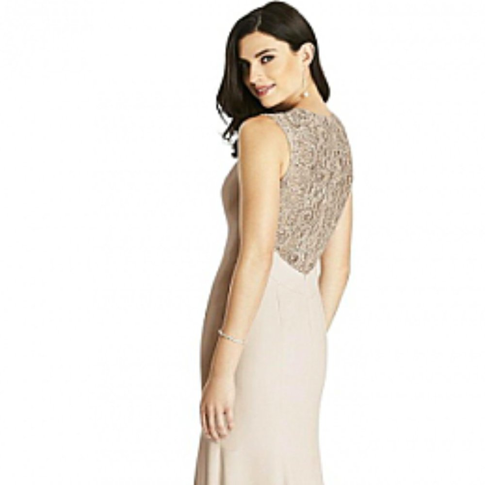New Dessy Cameo Blush Lace Back Dress, Bridesmaid Formal Champagne Wedding